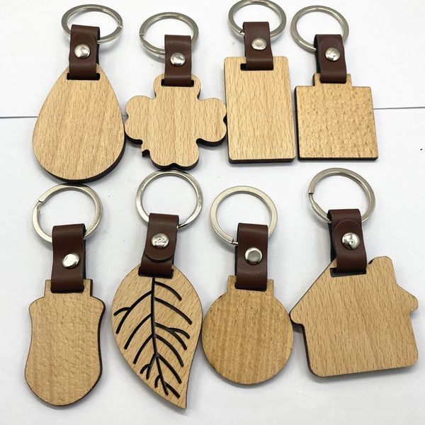 Party Favor 10 styles hêtre porte-clés personnalisé en bois en cuir porte-clés sac décoration bricolage porte-clés Thanksgiving cadeau T9I001767