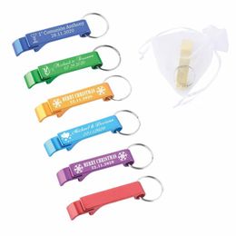 Party Gunst 100 Custom Croped Metal Beer Bottle Opener Keychains For Weddings Baptismals Baby Douches Disceded Birthday Gift Decorations 230404