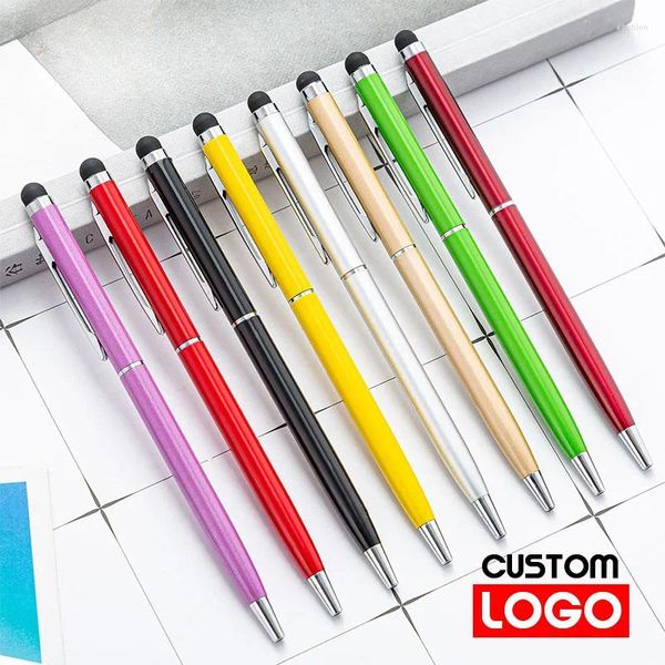 Partido Favor 100 paquetes de mini metal de 13 colores 2-en-1 Stylus Universal Bolle Pen Text Gaving Logotipo de Logotipo de Oficina de Publicidad de Publicidad