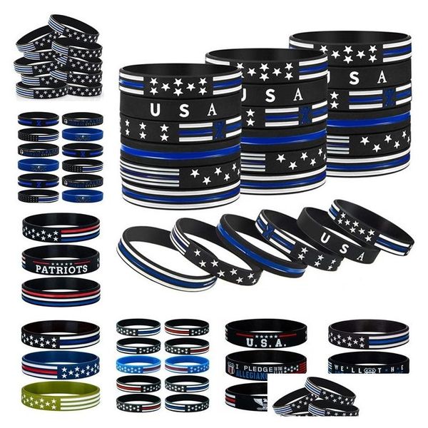 Party Favor 126 styles 600pc / lot mince ligne bleue bracelets de drapeau américain bracelet sile doux et flexible pour les cadeaux de jour normal Drop D DHT9Y