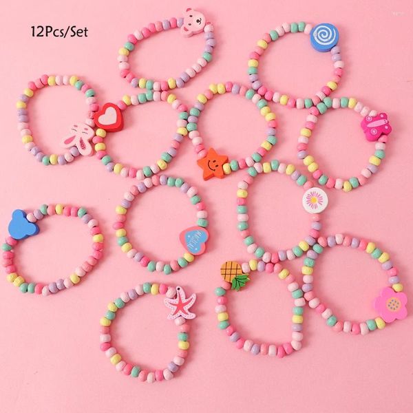 Party Favor 12pcs dessin animé enfants perles en bois naturel bracelet pour enfants fille anniversaire faveurs bébé douche invités cadeaux pinata remplisseurs