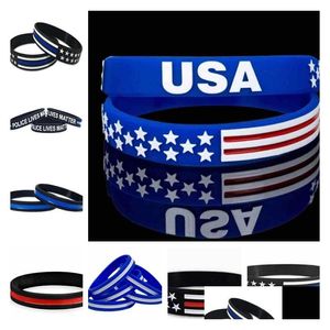 Party Favor 13 Styles 500Pc / Lot Mince Ligne Bleue Drapeau Américain Bracelets Sile Bracelet Doux Et Flexible Pour Les Cadeaux De Jour Normal Drop De Dhqh1