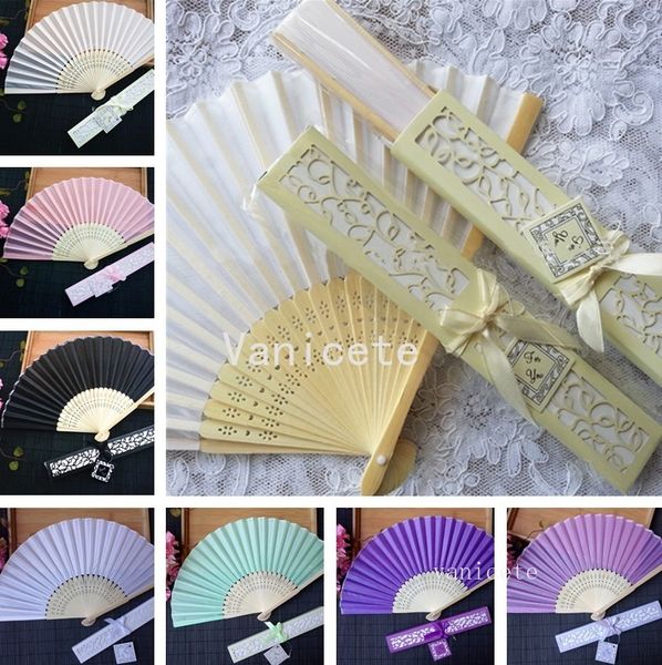 Favor de fiesta 14 colores Boda Abanicos plegables Abanicos de mano plegables de seda Regalo de pareja Boda-Regreso Elegante-Fan con caja de embalaje Regalos Logotipo imprimible LT508