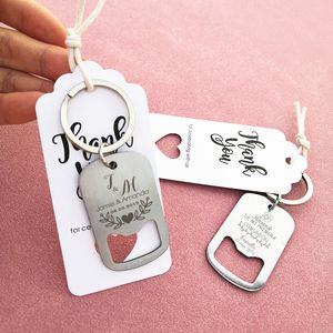 Party Gunst 20 Gepersonaliseerd gesneden roestvrijstalen bierflesopener Keychain Wedding Gift Organic Bag 230404