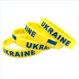Party Favor 2022 Support Ucrania Pulseras Sile Rubber Bangles Pulseras Banderas ucranianas Estoy de pie con amarillo azul Deportes Elástico Wr Dha0N