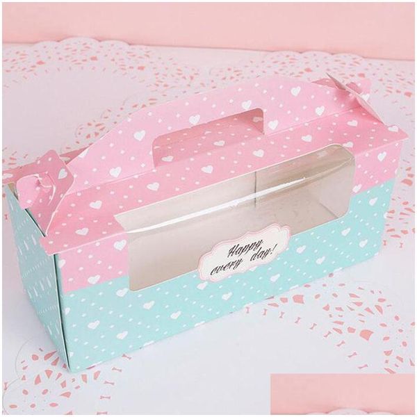 Party Favor 24X9X10Cm Pink Blue Cupcake Window Boxes 3 agujeros Swiss Roll Box con asa Postre Empaquetado Za4019 Drop Delivery Home Dho64