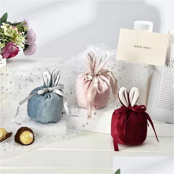 Party Favor 3 couleurs Pâques lapin seau faveur Veet oreilles de lapin panier Dstring sac de bonbons pochette de bijoux de mariage en gros livraison directe Dh5K6