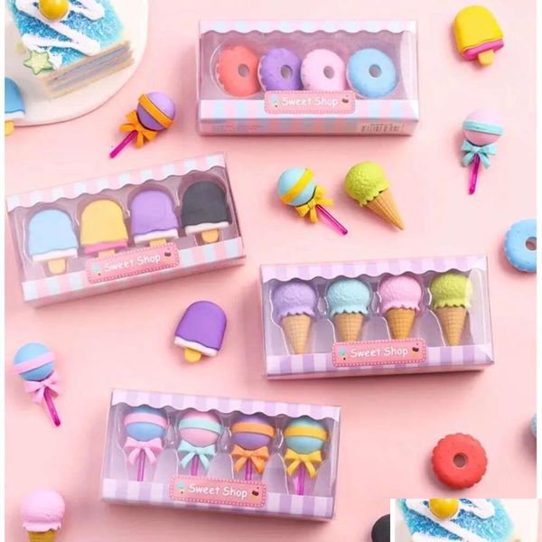 Party Favor 4pcs Yummy DeSert Erasers Dhs Set mini Lollipop IceCream Popsicle Donuts Eraser de lápiz de goma para niños