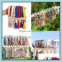 Party Gunst 56 Stijlen PU Leather Wrap Key Ring Women Tassel Bracelet Leopard Lily Flower Polslet Keychain Polstand Sunflower Bangl OTF1O