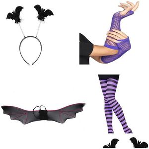 Party Favor Black Silk Stockings Halloween Purple Fishing Net Gloves Jumpsuits Head Buckle Bat Wings Suit 22 5 L1 Drop Delivery Home Dhupd