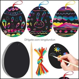 Favor de fiesta Colorf Scratch Paper Creative Diy Niños Pascua con pluma de bambú y cuerda colgante Pab12021 Drop Delivery Home Garden Fe Otnae