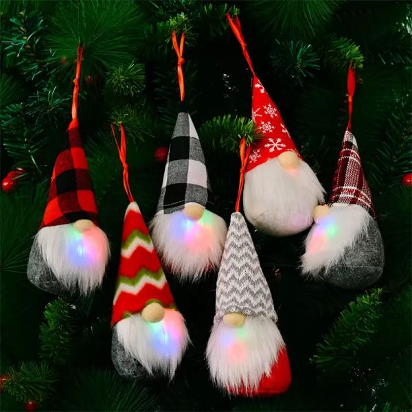 Favor de fiesta, muñeco de punto LED colorido con bigote, colgante de gnomos de Navidad, vacaciones, tartán, flor de nieve, regalos de Papá Noel, decoraciones para árboles