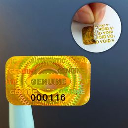 Partij gunst Nieuwe gouden holografische sabotagebestendige stickers Garantie ongeldig Laserlabel veiligheidszegel met serienummer 2,5x1,5cm Zelfklevende labels 230609