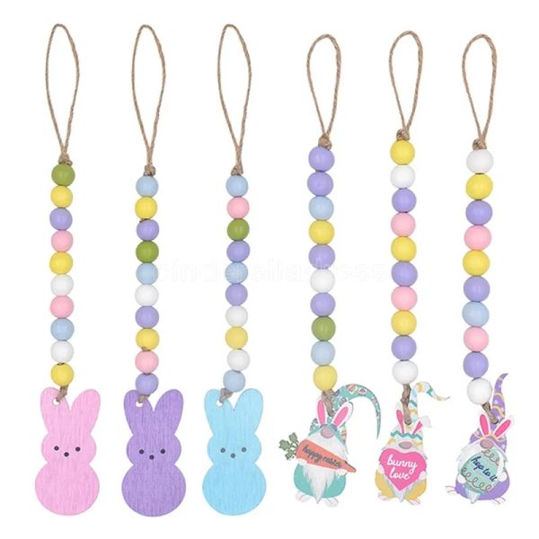 Party Favor DHL Guirlande de perles en bois de Pâques avec décors de glands avec lapin en bois et étiquette naine pour le décor de plateau à plusieurs niveaux de vacances 1207