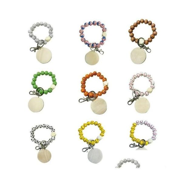 Favor de fiesta DIY Pulsera con cuentas Llavero Colgante Favor de fiesta Deportes Balón Fútbol Béisbol Baloncesto Cuenta de madera 9 colores Hogar Jardín F Dhoxt