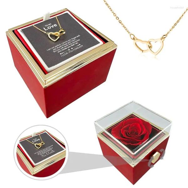 Faveur de fête Double coeur gravé nom collier en acier boîte de Rose éternelle pour les femmes cadeau de la Saint-Valentin 2024