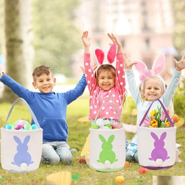 Party Favor Pâques Lapin Panier Sacs Pour Enfants Toile Coton Transportant Cadeau Et Oeufs Chasse Sac Fluffy Tails Imprimé Lapin Jouets Seau Dhho0