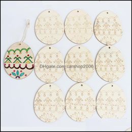 Party Favor Pâques Décorations pour la maison Pendentif 10Pcs DIY Sculpté Oeuf en bois H Dhnis