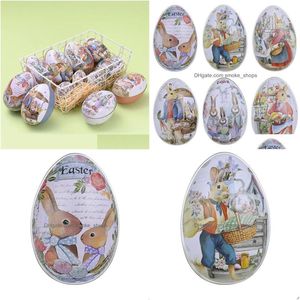 Party Favor Pâques Tinplate Oeuf En Forme De Bonbons Tin Lapin Lapin Imprimé Métal Printemps Cadeau Emballage Cas De Stockage S M L Taille Drop Deliv Dh7Sm