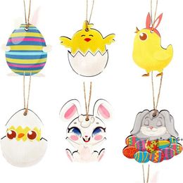 Party Favor Pâques Ornements en bois Poulet Lapin en forme de bois Craft Pendentif suspendu avec corde pour la décoration RRB13509 Drop Livraison Accueil Dhiq2