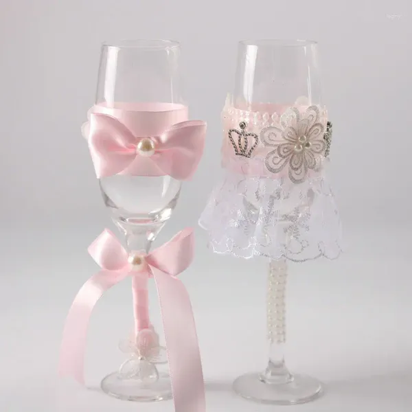 Party Favor Est 1 paire de verres à vin de mariage avec nœud papillon rose, cadeau de fête prénuptiale, ensemble de verres à champagne