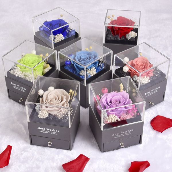 Favor de fiesta Flor eterna Caja de joyería de acrílico Real Rose Cajón Caja de regalo Collar Anillo Amante Navidad