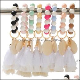 Party Gunst Event Leveringen Feestelijke huizen Garden Kraal hout armband sieraden Sile kralen Tassel Keychains Colorf Fringe armbanden Bangle Wris