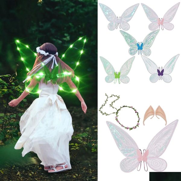 Party Favor Ailes de fée pour les filles Costume d'Halloween Dress Up Sparkling Sheer avec bandeau de couronne de fleurs et oreilles d'elfe Set enfants Adt 83 Otagi