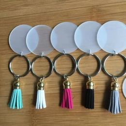 Party Gunst Fashion Tassel Keychain Pendant 4 cm lege schijf met 3 cm suede vinyl sleutel keten bagagedecoratie acryl sleutelhangers diy sleutelhanger