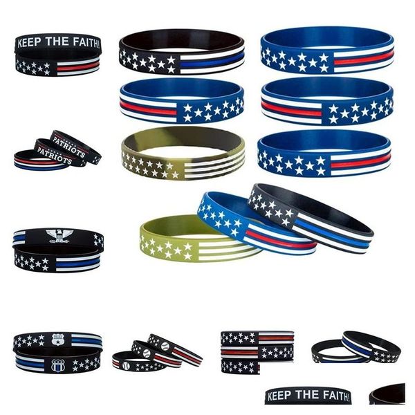 Party Favor Festive 40Styles 600pc / lot mince ligne bleue bracelets de drapeau américain bracelet sile doux et flexible pour les cadeaux de jour normal Dhhec