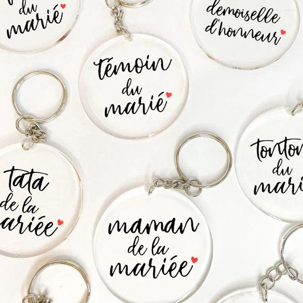 Favor de la fiesta Círculo de llave impreso francés Ring Key Ring Acrílico Propuesta de Bachelorette Regalos de boda para testimonio Familia de amigos