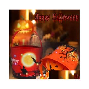 Partij gunst Halloween snoepemmer met led-lichtmand Trick or Treat-tassen Herbruikbare draagtas Pompoencadeaumanden voor kinderfeest Sup Dhqho
