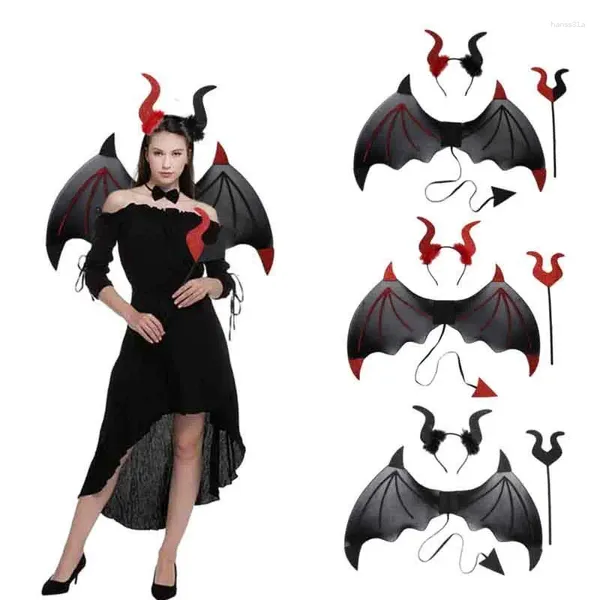 Costume de diable d'Halloween, ensemble d'ailes avec corne de queue, bandeau et fourchette, Cosplay, carnaval de noël, rouge, taille unique