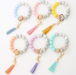 Porte-clés en bois avec pompon en bois, chaîne de qualité alimentaire, perle en silicone pour femmes et filles, bracelet de poignet SN5348