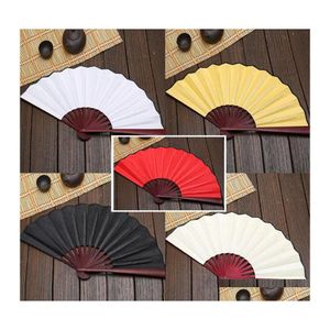 Favor de fiesta grande 33 cm ventilador plegable negro tela blanca ventiladores de mano de madera bricolaje arte arte plantación adornos para hombre al aire libre Handfan ZA6334 D DHQM5