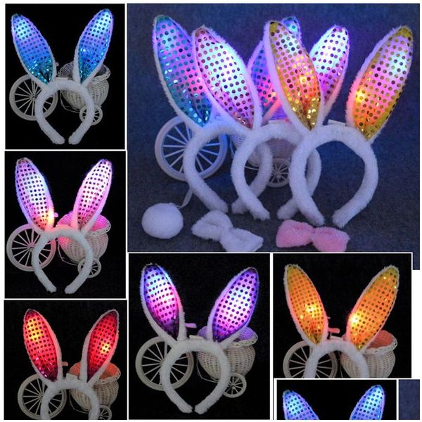 Favor de fiesta LED Bunny Ears Diadema Light Up Flashing Fluffy Rabbit Ear Diademas Lentejuelas Tocado Disfraz Cosplay Mujer Halloween Ch Dhrsx