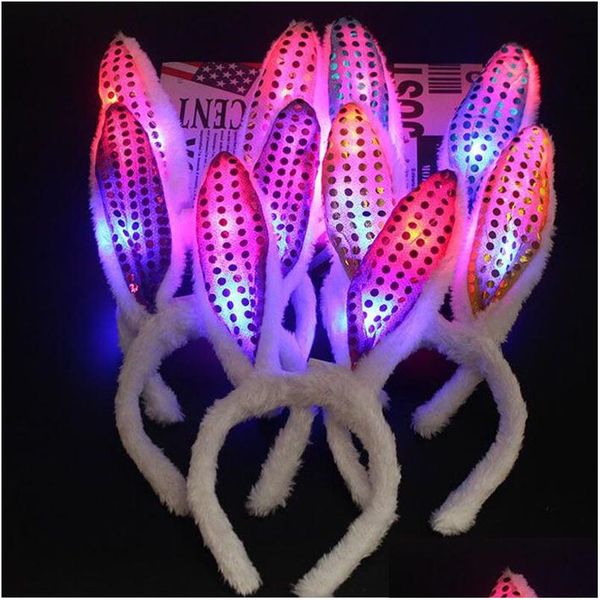 Favor de fiesta LED Luz Luminosa Lentejuelas Orejas de Conejo Parpadeante Conejito Tocado Cabeza Banda para el cabello Aro Juguete Niño Cumpleaños Suministros Za4599 Drop D Dhoxl