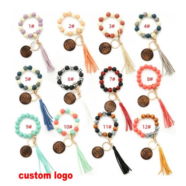 Favor de fiesta Cuentas de madera de leopardo Pulsera Llavero Mujer Cuero Borla Pulsera Llavero para regalo MAMA Letters F1201