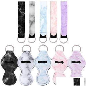 Party Gunst Marmering Chapstick Holder Keychains met polsbool Lanyard Neopreen Lipstick Keychain Beste geschenken Groothandel LX0315 Drop de Dh6wl