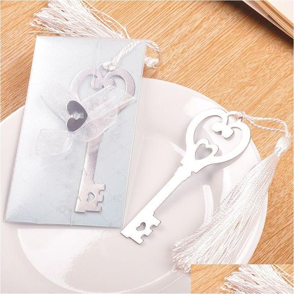 Favor de fiesta Llave de metal para mi corazón Marcador en forma de corazón con regalos de borla de seda blanca Favores WA1849 Entrega de gota Home Garden Festive S Dhvu6