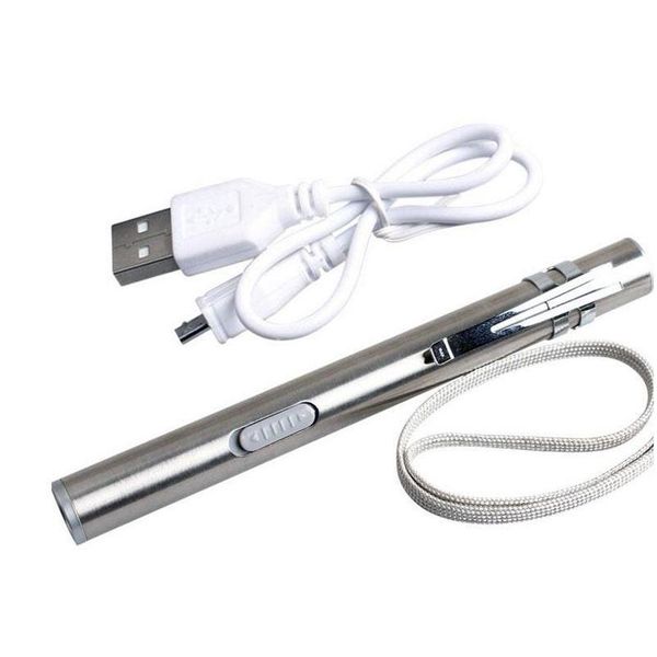 Party Favor Mini USB inoxydable LED lampe de poche trousseau rechargeable torche stylo lampes de poche lampe portable extérieure Cam Light Za2481 Dro Dhzwh