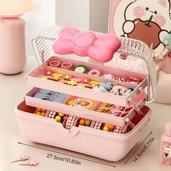 Boîte de rangement multicouche pour cadeaux de fête, boîtes d'accessoires pour cheveux avec nœud papillon, organisateur de bijoux en plastique Kawaii, bureau anti-poussière pour enfants