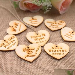 Party Favor Party Gunst 100 Gepersonaliseerde aangepaste gegraveerde trouwnaam en datum Love Heart Houten centerpiecesgift Tagsandjute String DH9HX