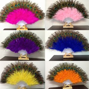 Favor de fiesta Pluma de pavo real Fan de mano Bailando Fiesta nupcial Decoración de suministro Estilo chino Abanicos de danza clásica para suministros de fiesta LT148