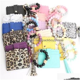 Party Favor PU Cuir Favoris Bracelet Portefeuille Porte-clés Glands Bangle Porte-clés Porte-Carte Sac Sile Perlé Bracelet Porte-clés Sac À Main F Dhpgl