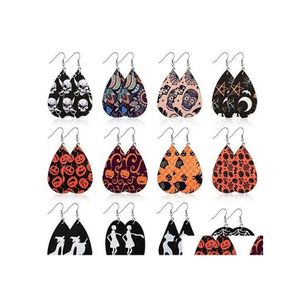 Favor de fiesta Pendiente de calabaza Pu Pendientes de cuero Pendientes femeninos Halloween Spiderearring Mujeres Vintageearring Joyería Regalos 22 Diseños Wy Dhwpl