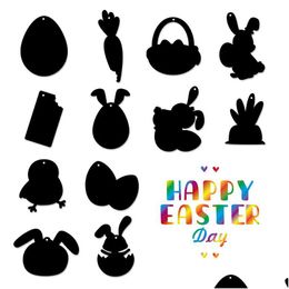 Party Favor Scratch Paper Art Set Easter Black It Off Crafts Notes Ding Boards Sheet avec stylet en bois et corde suspendue Hha3245 Dro Dhet8