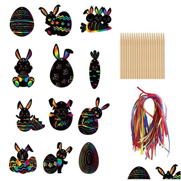 Party Favor Scratch Paper Art Set Pâques Black It Off Crafts Notes Ding Boards Sheet avec stylet en bois et corde suspendue Drop Delive Dhbc2