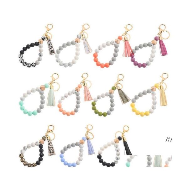 Party Favor Sile Porte-clés Bracelet Perlé Wrislet Porte-clés Portable Porte-clés Gland Chaîne En Bois Bracelet Bracelet Porte-clés Pab1477 Otpx2