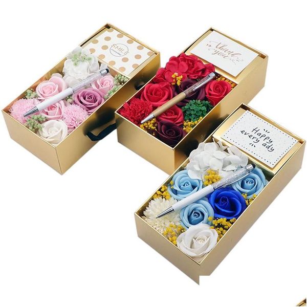 Party Favor Teachers Day Savon Fleur Coffret Cadeau Mode Rose Éternelle Avec Lumière Led Et Stylo À Bille Cadeaux Créatifs Drop Delivery Dh9Av